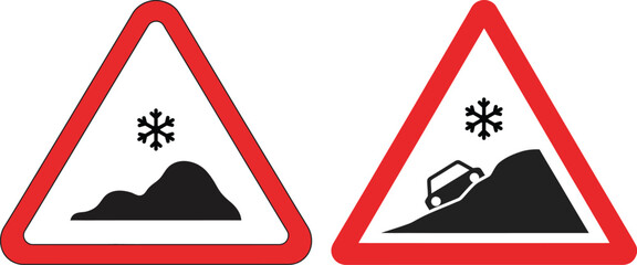Slippery Icy Road Warning Sign Set with Snowflake and Car Skidding Silhouette for Winter Safety © Emonahmed