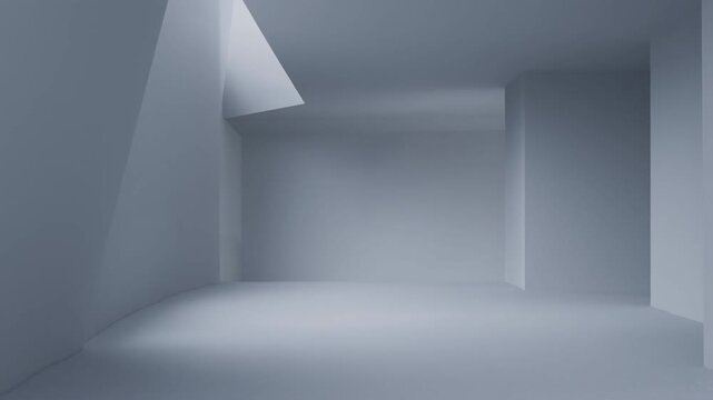Tracking shot of empty minimalist interior moving forward into skylit gallery space with soft diffuse light