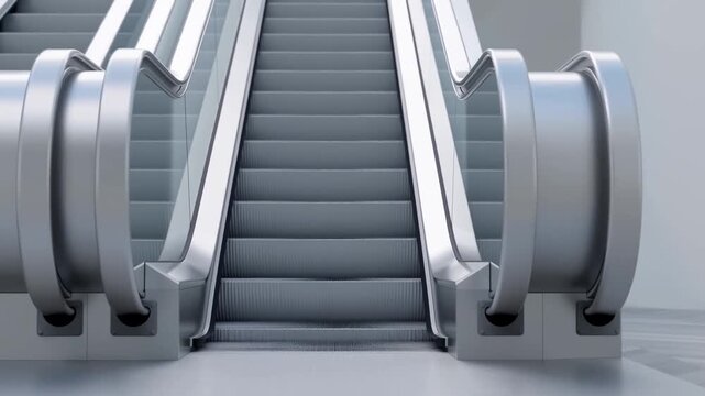Dolly in tracking shot of empty escalator ascending in modern indoor shopping mall lobby with metal steps and moving handrails, smooth automated motion
