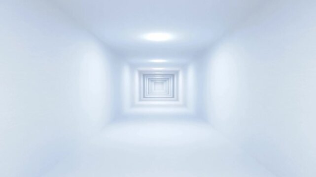 Tracking dolly forward through white minimalist hallway with recessed ceiling lights in futuristic interior corridor perspective