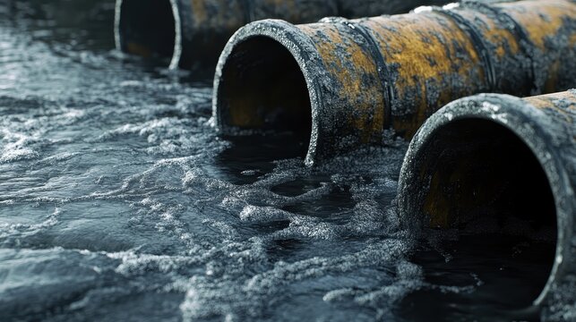 Corroded industrial pipes releasing toxic waste into a murky urban river, highlighting severe pollution.