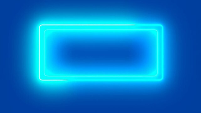 Panning shot of glowing neon rectangle sliding across blue gradient background in studio with soft halo and inner outline tracking motion
