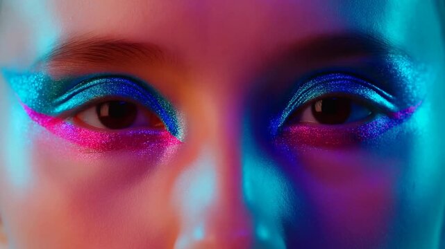 Slow motion close up of model blinking with colorful glitter eye makeup under neon studio lighting for editorial fashion portrait