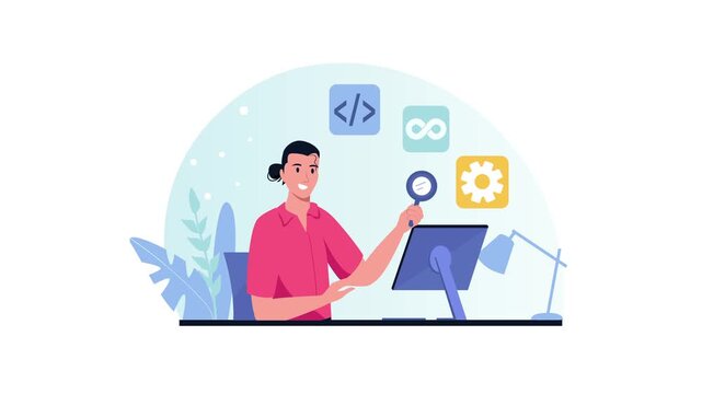 Software developer debugging code at desktop in flat vector animation