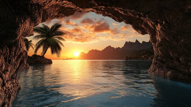 Breathtaking sunset over a tropical ocean with majestic cliffs and serene waters viewed from a cave opening