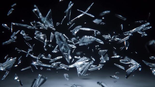 Slow motion tracking shot of glass shards exploding outward and scattering across dark studio surface with reflective fragments suspended in mid air