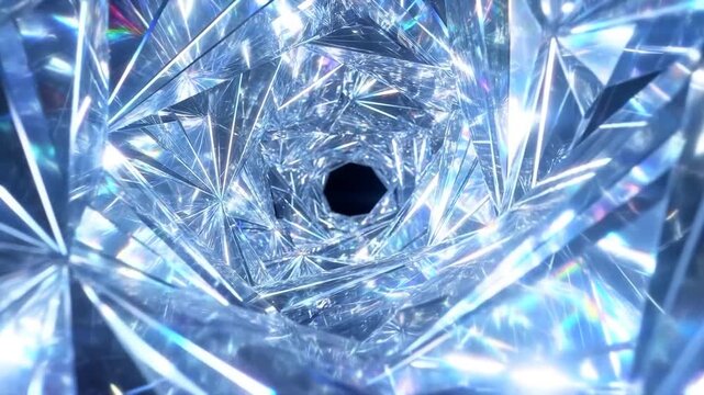 Slow motion zoom tracking shot of crystal tunnel rotating inward and refracting light through diamond shards inside abstract prism vortex with iridescent blue and silver highlights