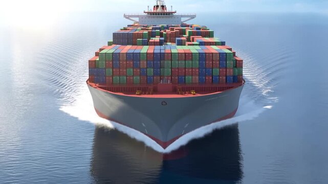 Aerial tracking shot of container ship sailing forward through calm open sea with stacked shipping containers and visible bow wake