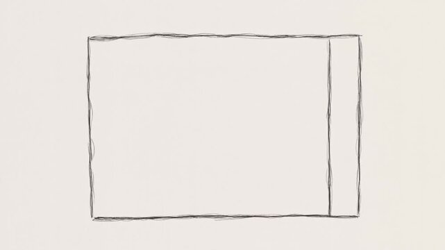 Static shot of vertical sliding panel closing into rectangular drawn frame on textured paper background