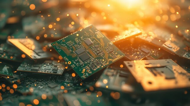 Close-up view of discarded electronic circuit boards with glowing bokeh effects suggesting technological obsolescence and renewal.
