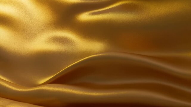 Slow motion closeup of gold satin fabric rippling and flowing across studio surface with gentle pan tracking movement