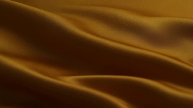 Slow motion close up of golden satin fabric rippling and flowing across smooth surface in studio lighting, warm highlights and soft shadows
