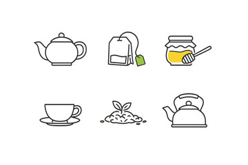 Different items used to make tea with honey and a teacup in a simple layout showing each element clearly