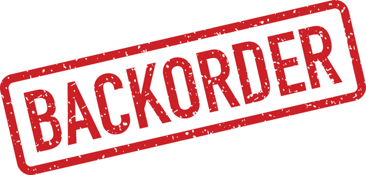A prominent red rectangular backorder rubber stamp is visible on a clean white surface