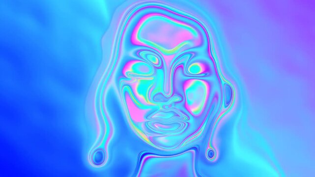 Slow motion morphing face animation with subtle zoom of abstract iridescent liquid portrait in virtual gradient background with glossy neon colors