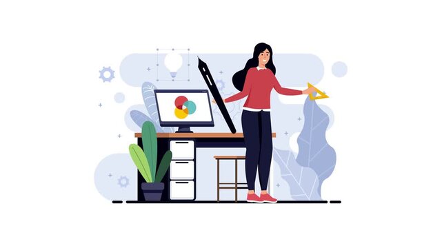 Female graphic designer with ruler and pen in modern workspace animation