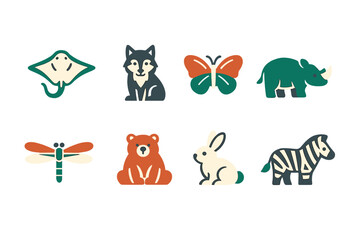 Naklejka premium Cute animal icons showing a variety of wildlife including a butterfly, bear, wolf, and others created in a simple design