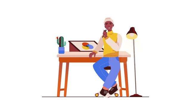 Creative designer pondering ideas at desk with light bulb animation