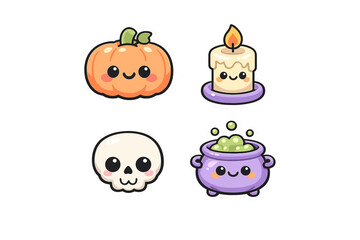 Naklejka premium Cute stickers of a pumpkin, candle, skull, and cauldron in cartoon style for Halloween celebration or decoration activity