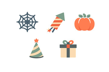 Fototapeta premium Colorful icons representing festive events like Halloween, New Year, and birthday celebrations