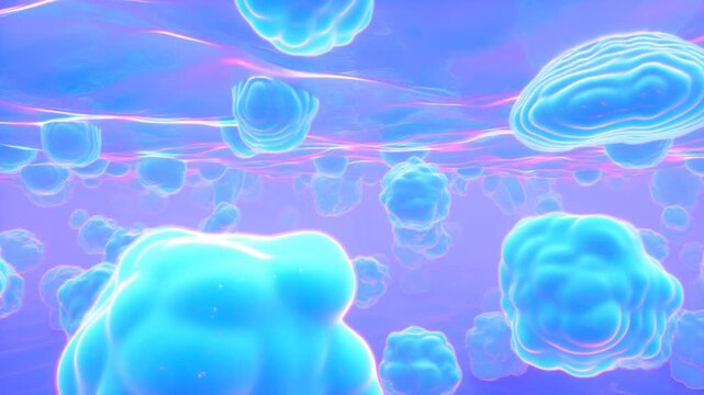 Tracking forward dolly through floating blue cloud blobs drifting in surreal pastel dreamscape with glossy luminous amorphous shapes