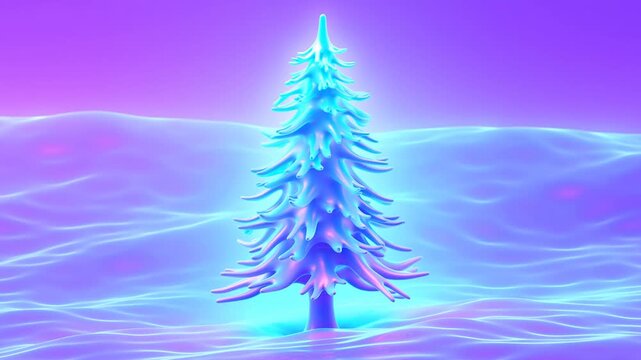 Static shot of neon stylized pine tree standing amid glowing liquid waves in surreal pastel landscape with gentle ripple motion
