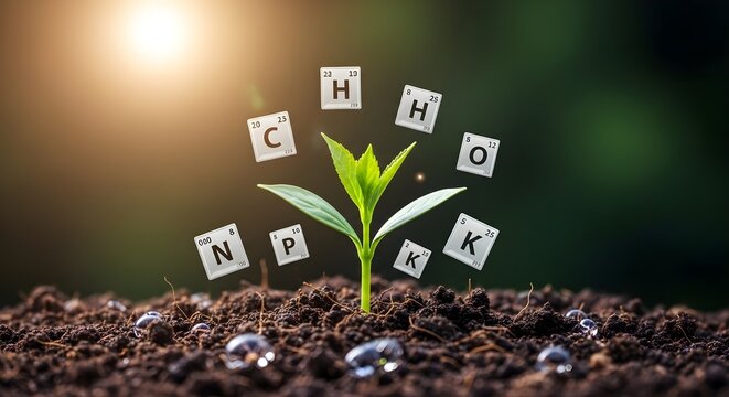 A young green plant growing in soil with nutrient letters floating around it