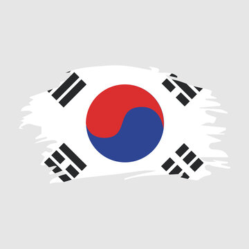 Brush stroke style flag of South Korea with taegeuk and trigrams on a light background, national symbol illustration.
