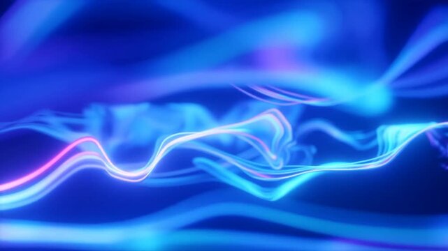 Slow motion tracking shot of neon light ribbons undulating and flowing across deep blue abstract digital background with soft glow