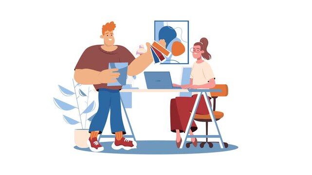 Animated creative team choosing color palette in modern office