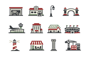 Fototapeta premium Different buildings and structures displayed in a flat design with clear shapes and colors