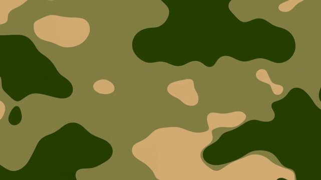 Panning shot of camouflage fabric sliding across seamless textured background on flat studio surface revealing repeating military pattern