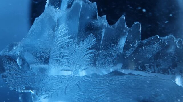 Slow motion macro closeup of ice shard forming frost patterns with crystalline texture in cold blue studio
