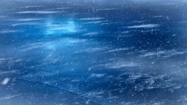 Static shot of rough ocean waves with falling snow and wind driven spray across open offshore winter sea at night, churning surface and low visibility