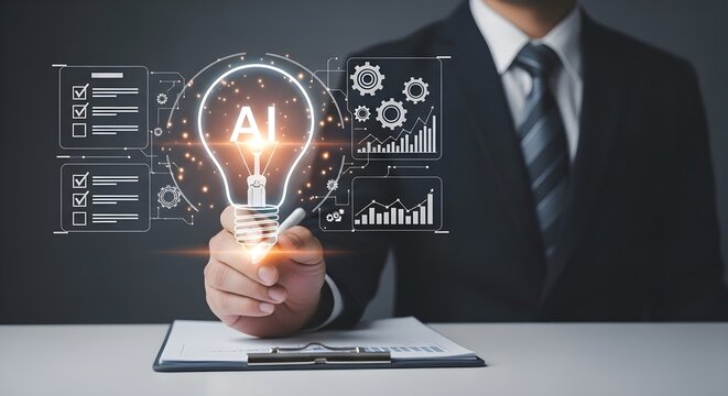 Businessman holding glowing light bulb with ai and data analysis graphics floating above