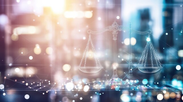 Symbol of Justice Scales with Blurred Urban Cityscape and Economic Data Overlay, Representing Legal and Business Balance