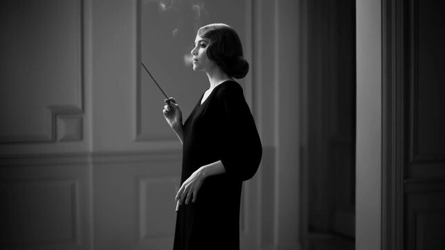 Slow motion tracking shot of woman smoking with cigarette holder walking past ornate interior doorway in monochrome