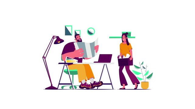 Office relocation animation with coworkers packing and planning workspace