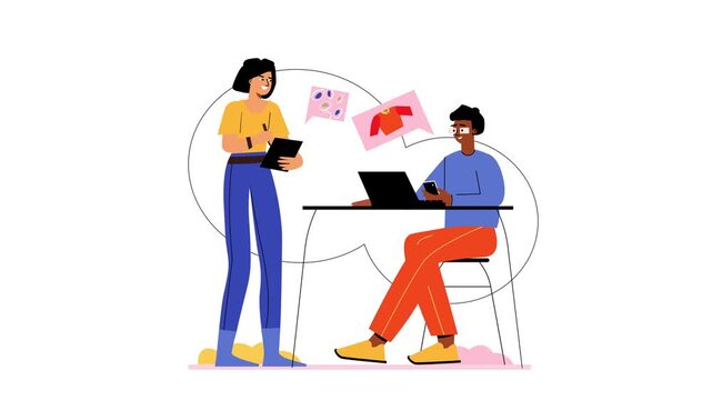 Fashion team collaborating online with laptop and tablet in flat animation