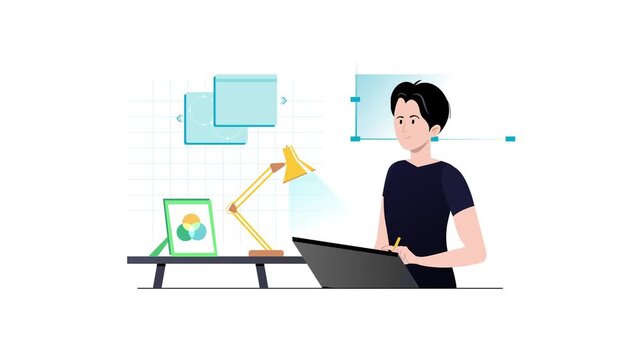 Young designer working at laptop in creative studio flat vector animation