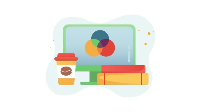 Animated graphic design workstation with monitor, coffee cup and books