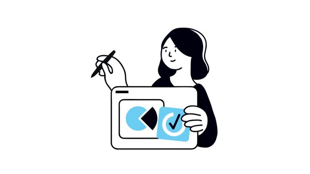 Animated woman reviewing analytics dashboard on tablet with pie chart