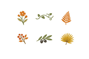 Obraz premium Colorful plants and flowers in simple shapes arranged on a white background for design purposes or decoration ideas