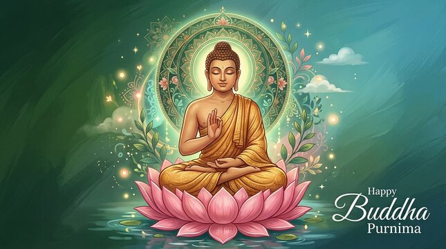 Happy Vesak Day, Buddha Purnima wishes greetings with buddha and lotus illustration. Can be used for poster, banner, logo, background, greetings, print design. abstract illustration ... 