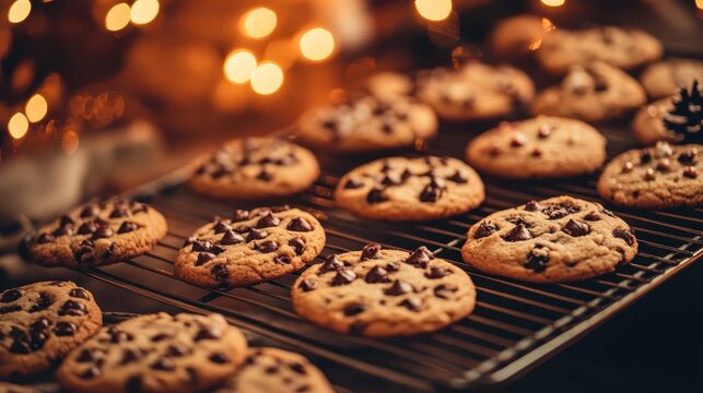 Warm Chocolate Chip Cookies Freshly Baked on a Cooling Rack with Cozy Christmas Lights Ambiance