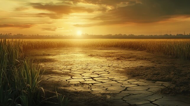 Golden sunset illuminates cracked earth and withered fields, signaling severe drought conditions and agricultural devastation.