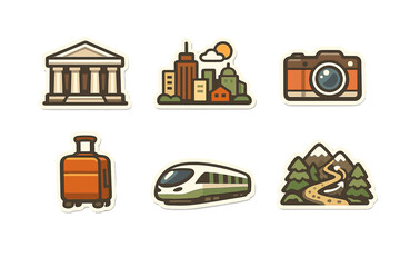 Stickers showing travel themes with landmarks, trains, and nature on a colorful background © Alan