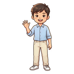 Fototapeta premium Young Asian Boy Wearing Blue Shirt and Cream Pants Waving Hand with Friendly Smile on Isolated Transparent Background