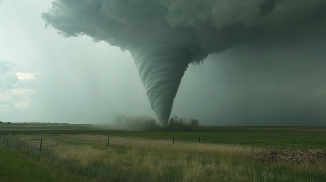 Massive tornado funnel cloud devastates rural landscape under dark, turbulent skies, showcasing nature's destructive power.