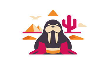 Obraz premium Walrus sitting in a desert landscape with mountains, a cactus, and birds in the background during a bright day